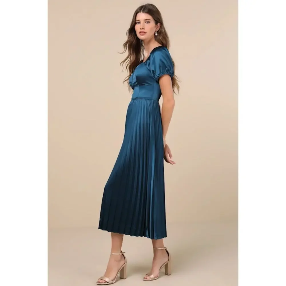 NWT Lulus Flawless Forever Teal Satin Pleated Midi Dress Bridesmaid Gala Size M
